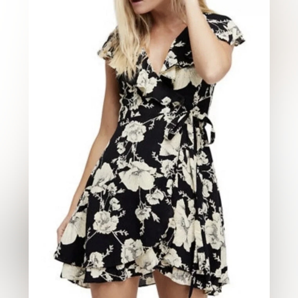 Free People Floral Wrap Ruffle Mini Dress Size L